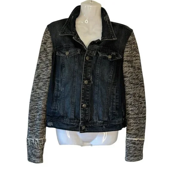 Free People Knit Hooded Denim Jacket Pumice Black Size S Distressed Women’s - Picture 8 of 14